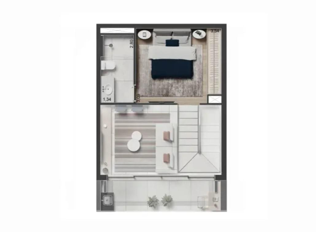 THE ROSE Collection - Lançamento - Trisul - Rua Domingos de Moraes - Vila Mariana - Apartamento - Studio Duplex - Pav. Superior - Planta de 53m²