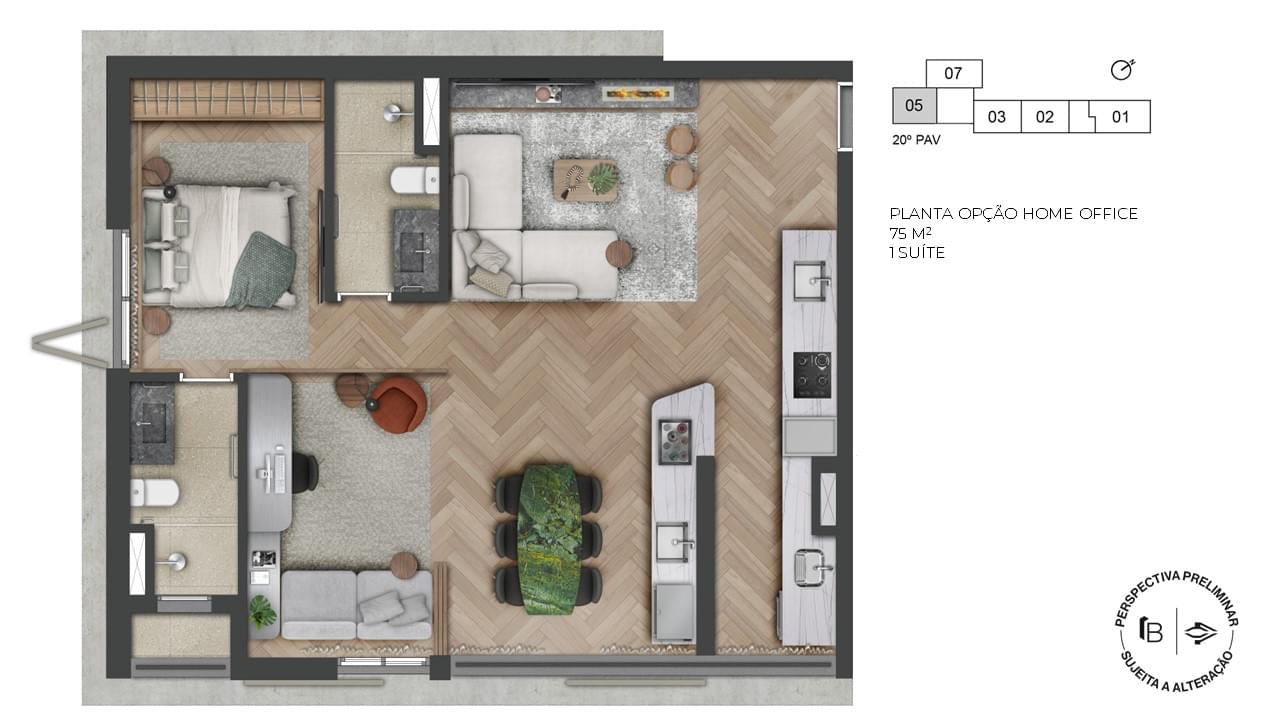 1800 Oscar Pinheiros - Planta Planta de 75m² - Opção