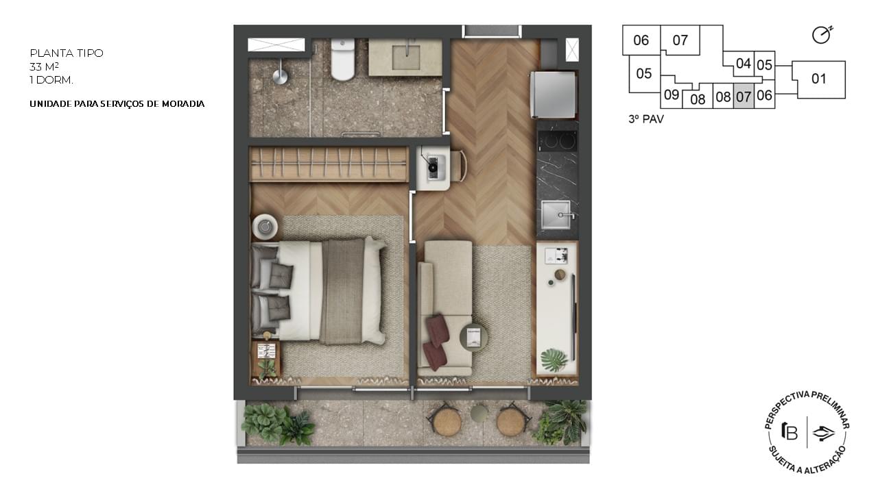 1800 Oscar Pinheiros - Planta Studio de 33m²