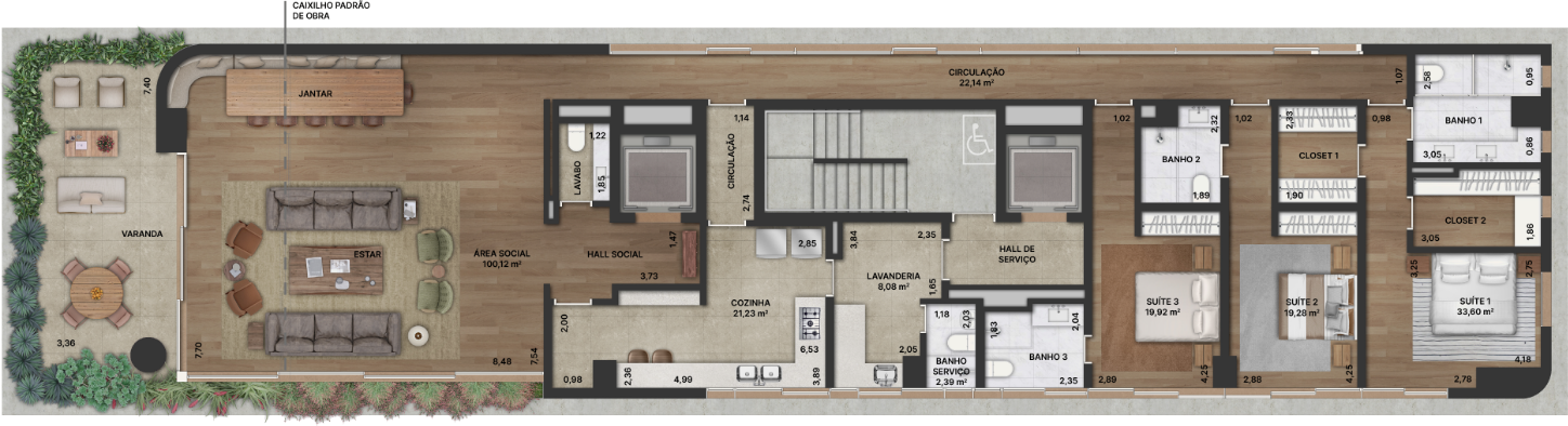 Serena Jardins - Planta Planta de 278m² - 3 Suítes e Living Ampliado
