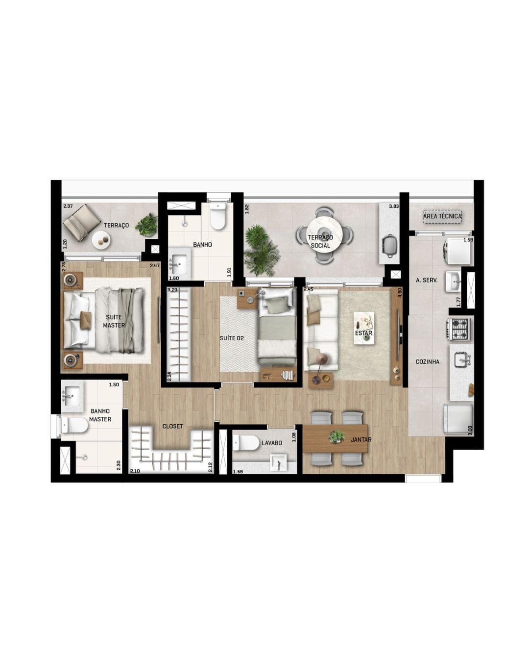 Mozae Higienópolis - Planta Planta de 73m²
