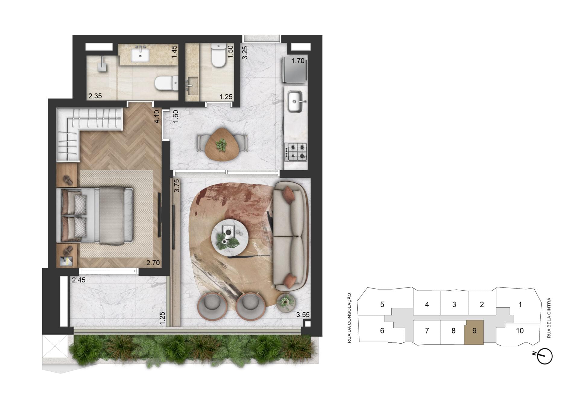 Planta de 56m² com 1 Suíte