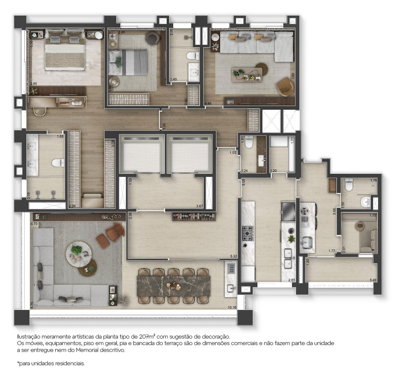 Layout alternativo da planta de 207 m² com duas suítes e living ampliado