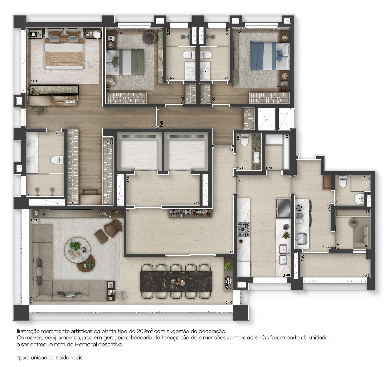 Planta ilustrada com living integrado, varanda gourmet e três suítes no 145 Vianna