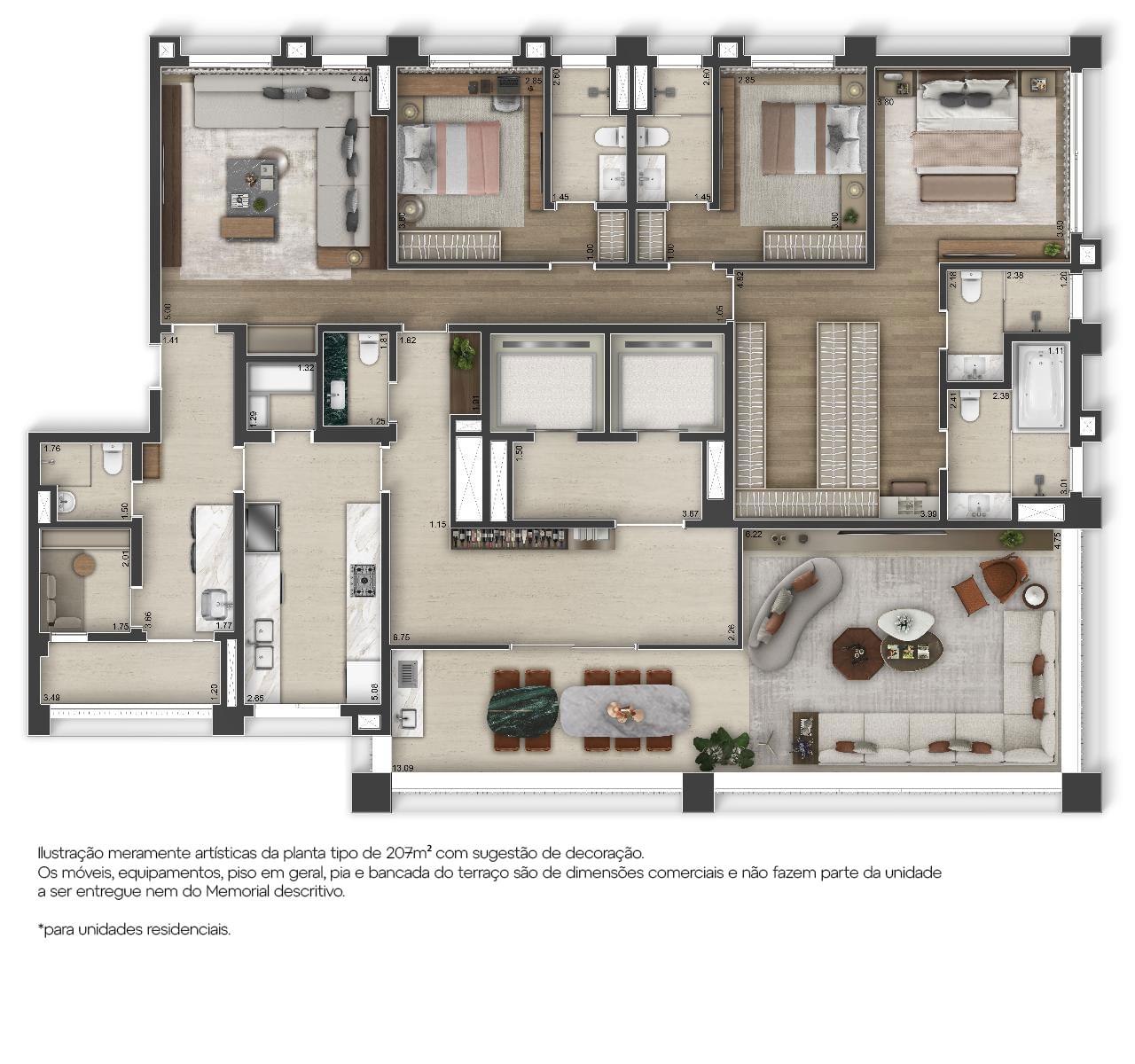 Planta de 263 m² com quatro suítes, varanda gourmet e circulação independente