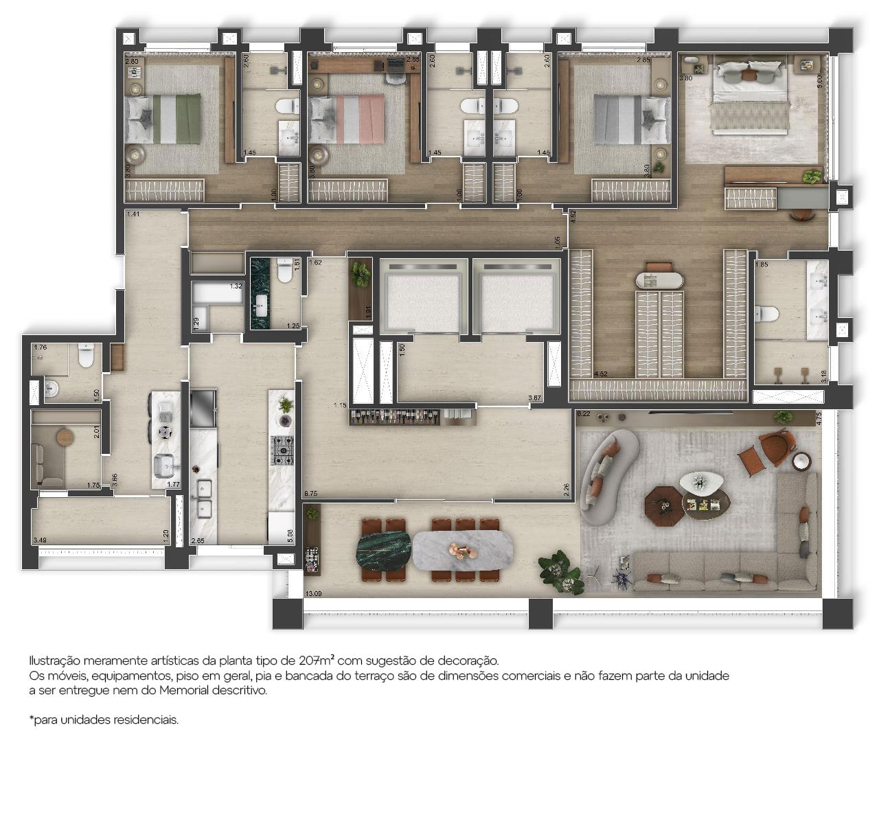 Planta ilustrada com três suítes, sala de jantar ampla e varanda gourmet