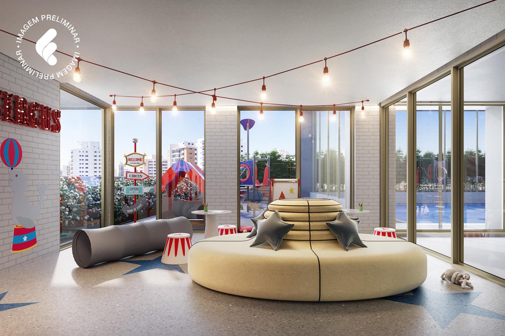 Espaço infantil com decoração temática de circo no 145 Vianna em Pinheiros