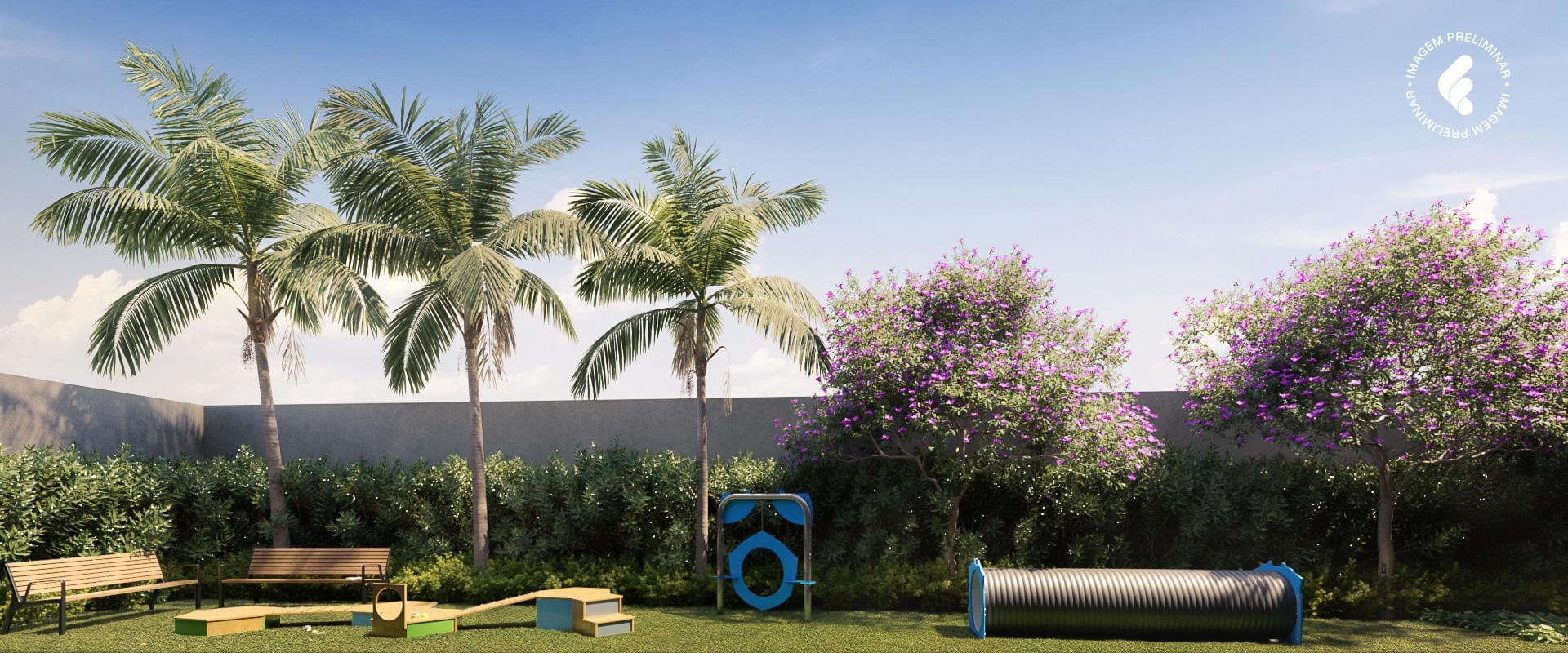 Área de convivência pet com obstáculos e paisagismo tropical no 145 Vianna