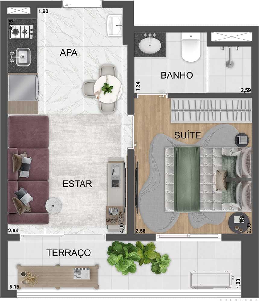 Planta 1 dorm. residencial de 34 m² - Final 20 - SP 360° Smart Living by Eztec
