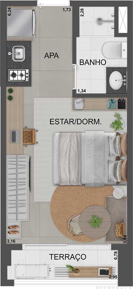 Planta Studio residencial de 24 m² - Final 7 - SP 360° Smart Living by Eztec