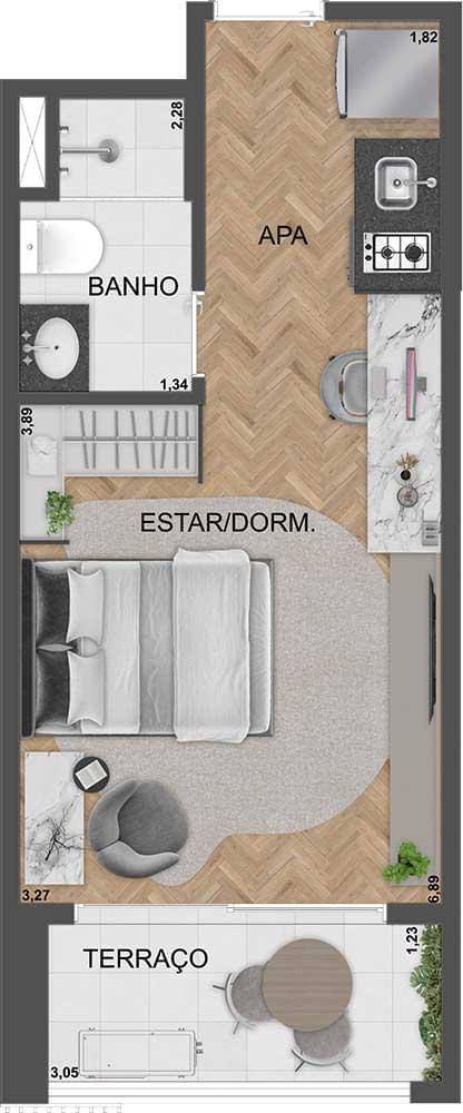 Planta Studio residencial de 28 m² - Final 29 - SP 360° Smart Living by Eztec