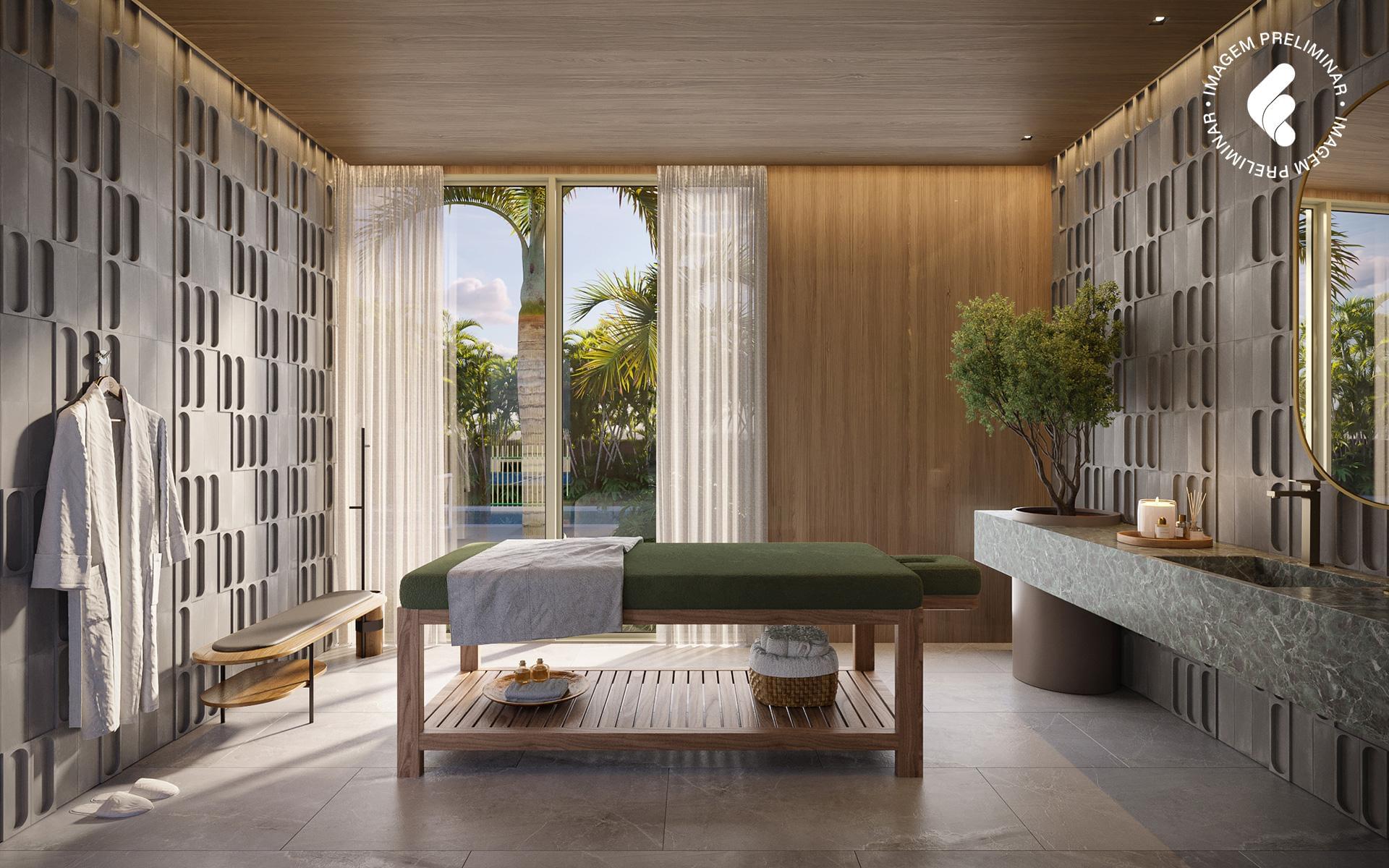 Sala de massagem do 145 Vianna com decoração sofisticada e vista para o jardim