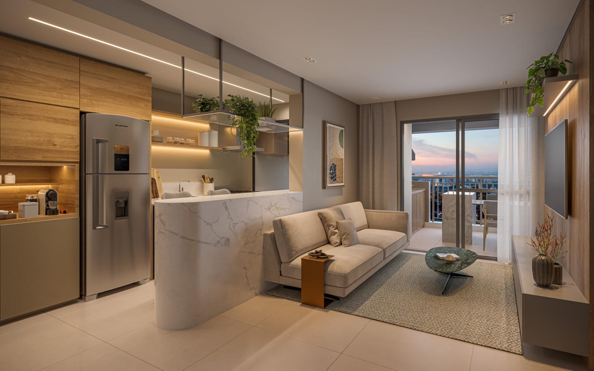 Auge Resort Tatuapé by Diálogo - Residences - Apartamento de 80m² - Living e 2 Dormitórios