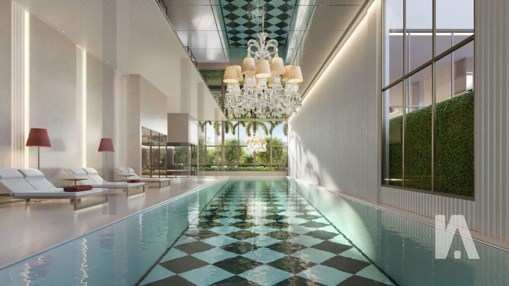 Piscina Coberta Luxuosa Do Le Six Paraíso, Com Design Elegante E Iluminação Sofisticada.