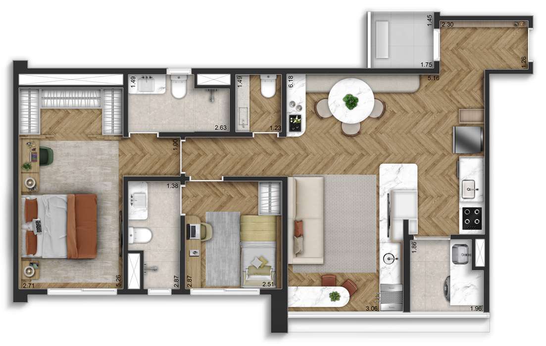 Sereno Jardim São Paulo - Planta Planta de 77m² (Decorado)