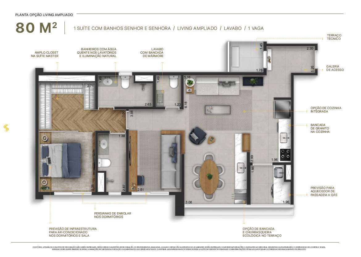 Sereno Jardim São Paulo - Planta Planta de 80m² (Living Ampliado)