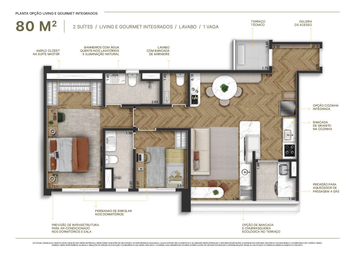 Sereno Jardim São Paulo - Planta Planta de 80m² (Cozinha Integrada)