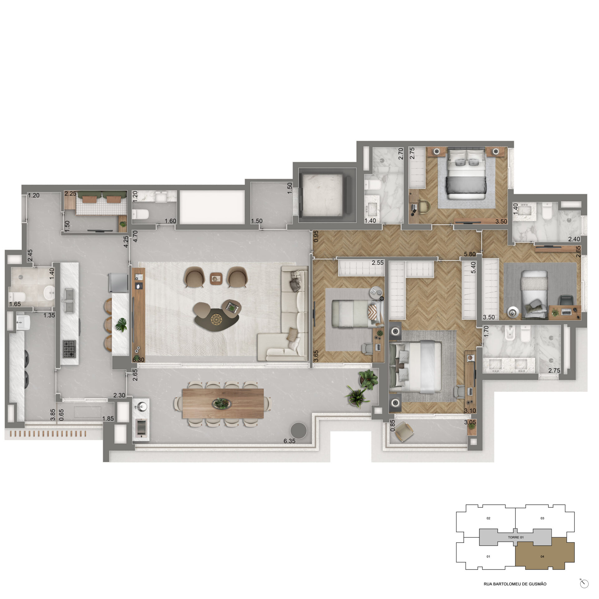 Planta Padrão de 179m² - The Palace Royal - Lançamento Cyrela - Rua Bartolomeu de Gusmão - Vila Mariana