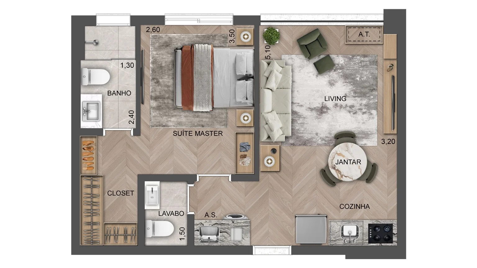 Planta de 42m² - Living Ampliado - SOUL Of Madalena - Lançamento - Exto - Rua Paulistânia - Vila Madalena