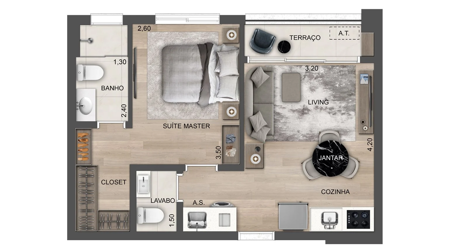 Planta de 42m² - Suíte Master - SOUL Of Madalena - Lançamento - Exto - Rua Paulistânia - Vila Madalena
