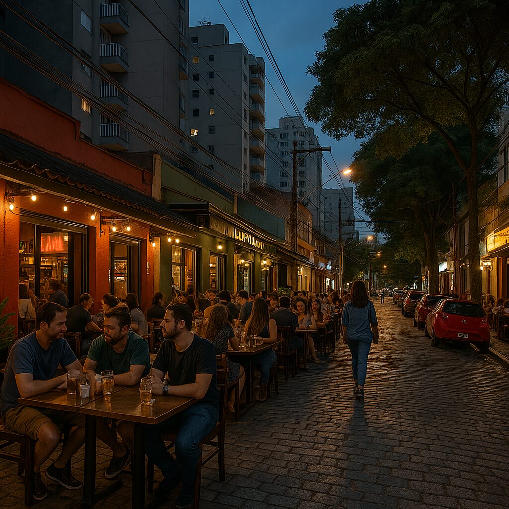 Clientes Desfrutando De Refeições E Bebidas Em Um Bar Iluminado E Acolhedor Na Vila Mariana