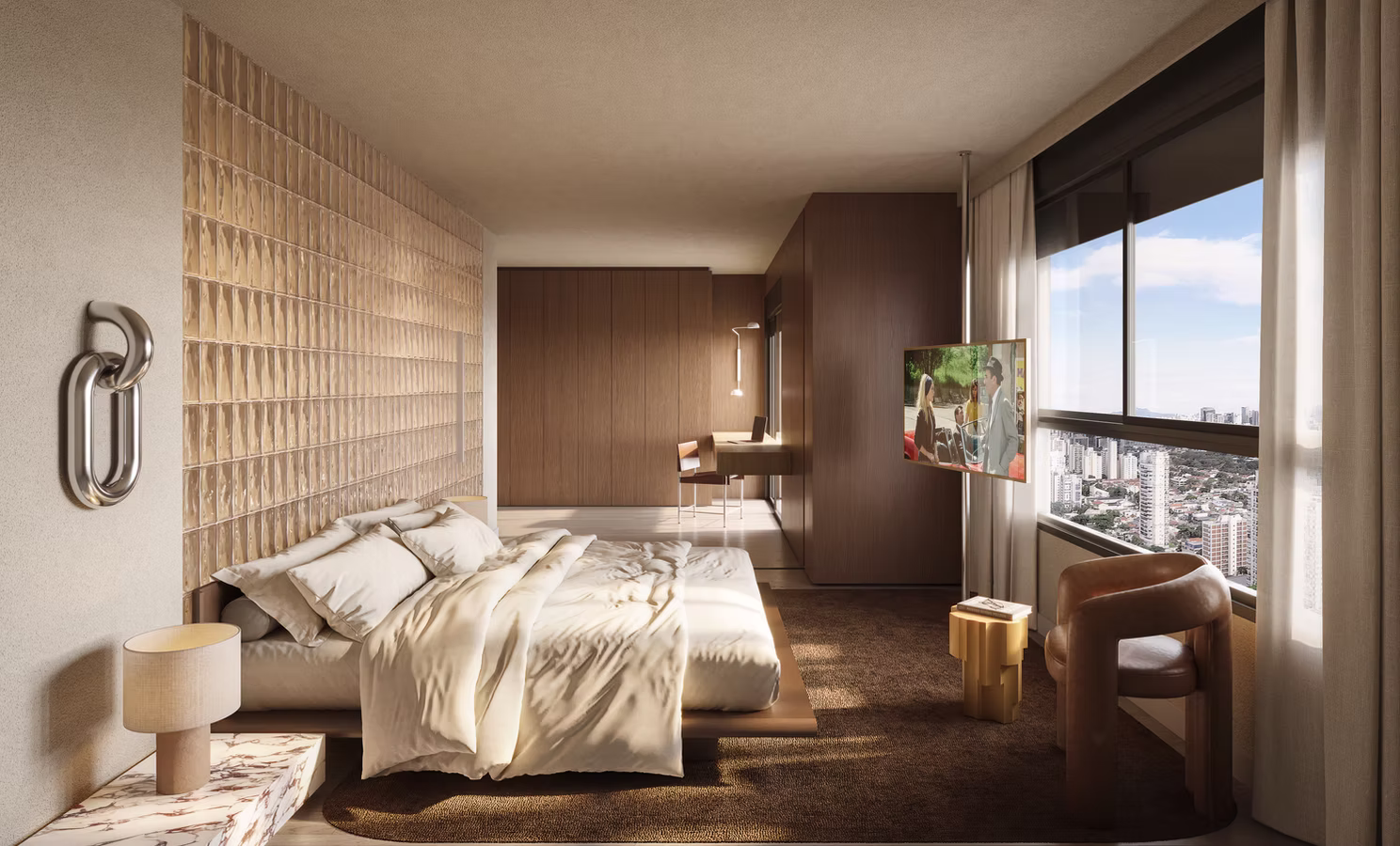 Suíte principal decorada por Leonardo Zanatta no apartamento de 130 m² do TESS Brooklin