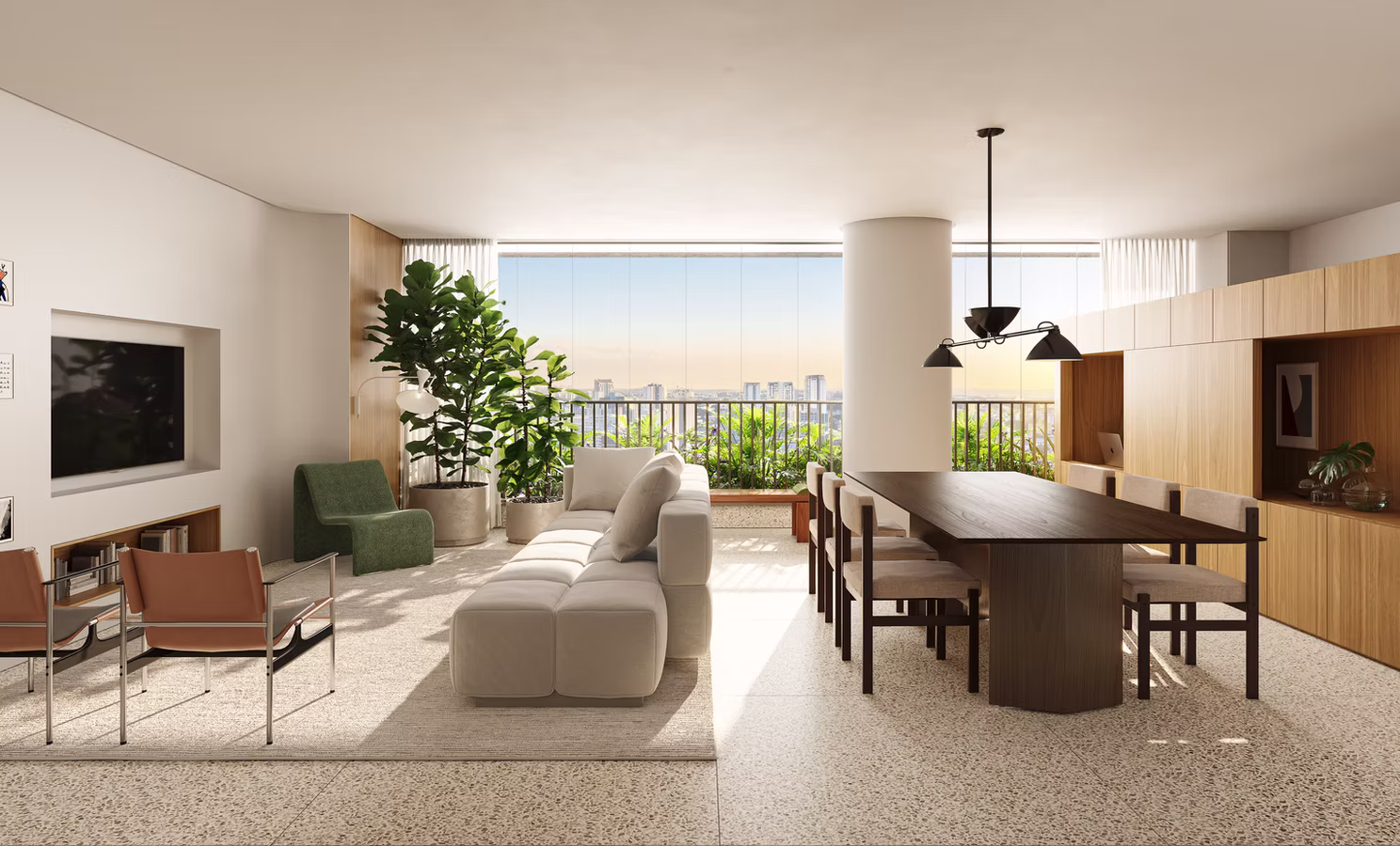 Sala de estar ampla com decoração da Cyro Arquitetura no apartamento de 130 m² do TESS Brooklin