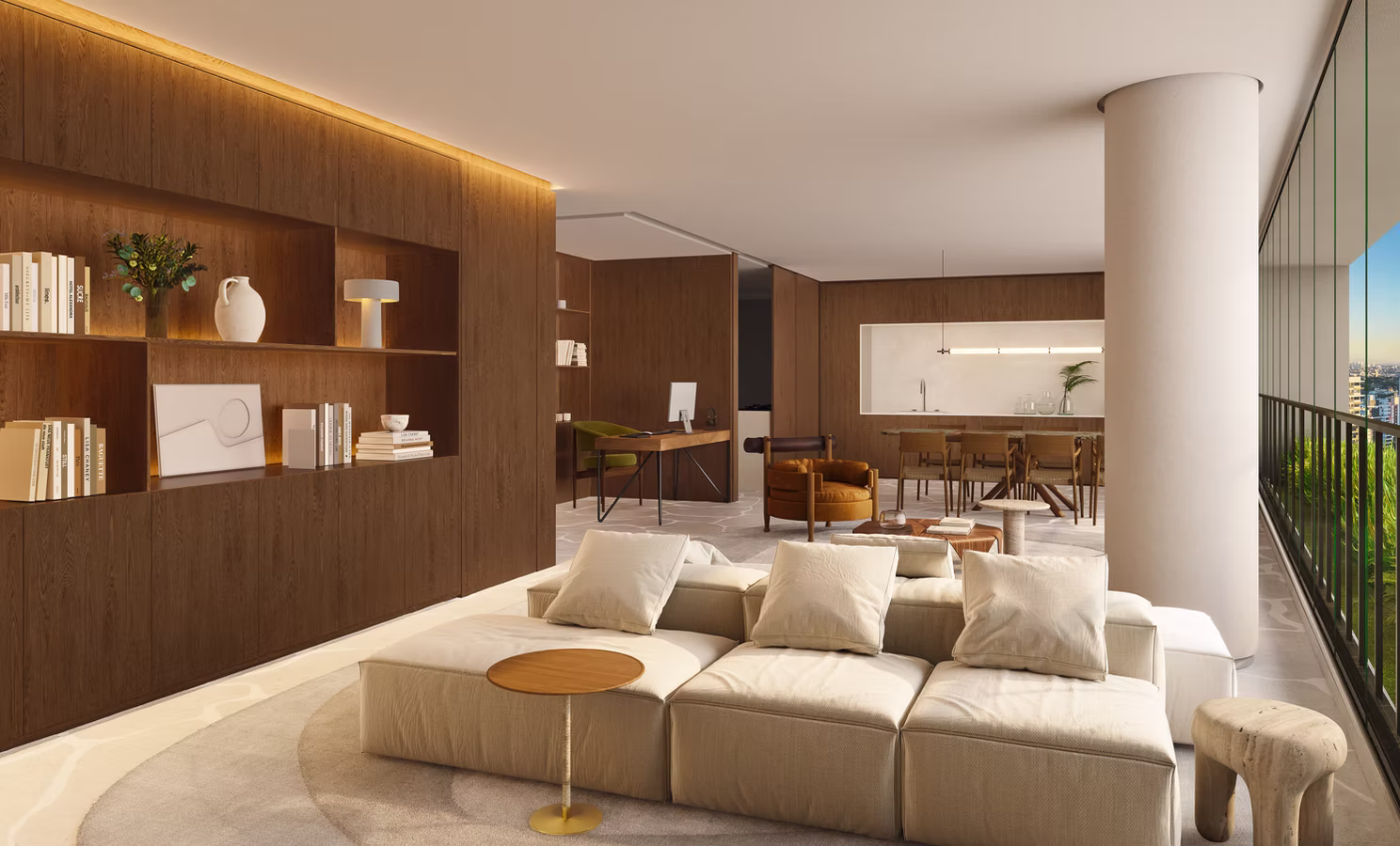 Sala ampla com decoração do Studio RO+CA no apartamento de 170 m² do TESS Brooklin