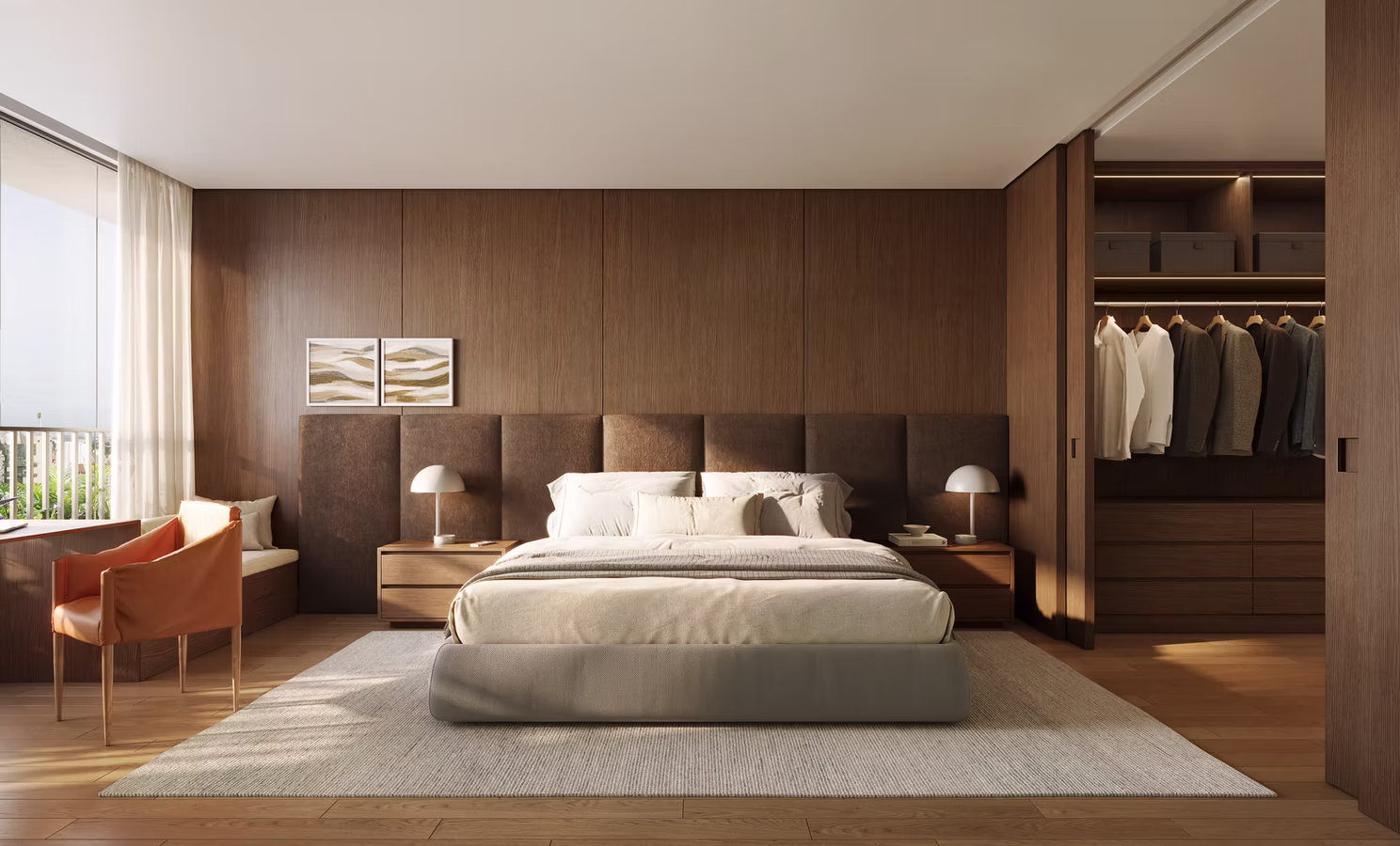 Suíte principal do apartamento de 170 m² decorada pelo Studio RO+CA no TESS Brooklin