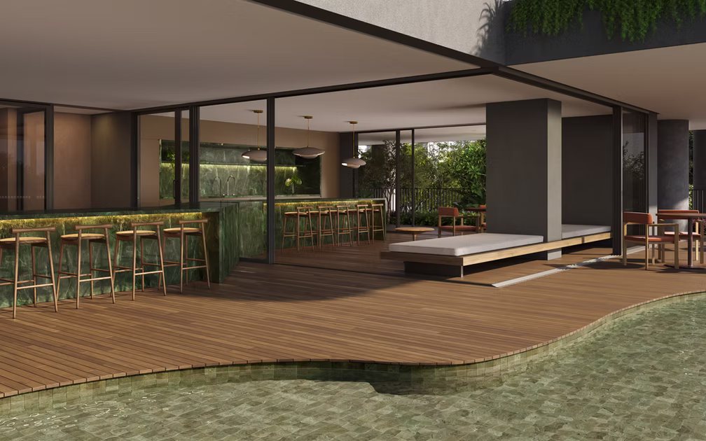 Espaço gourmet integrado à área de lazer no TESS Brooklin