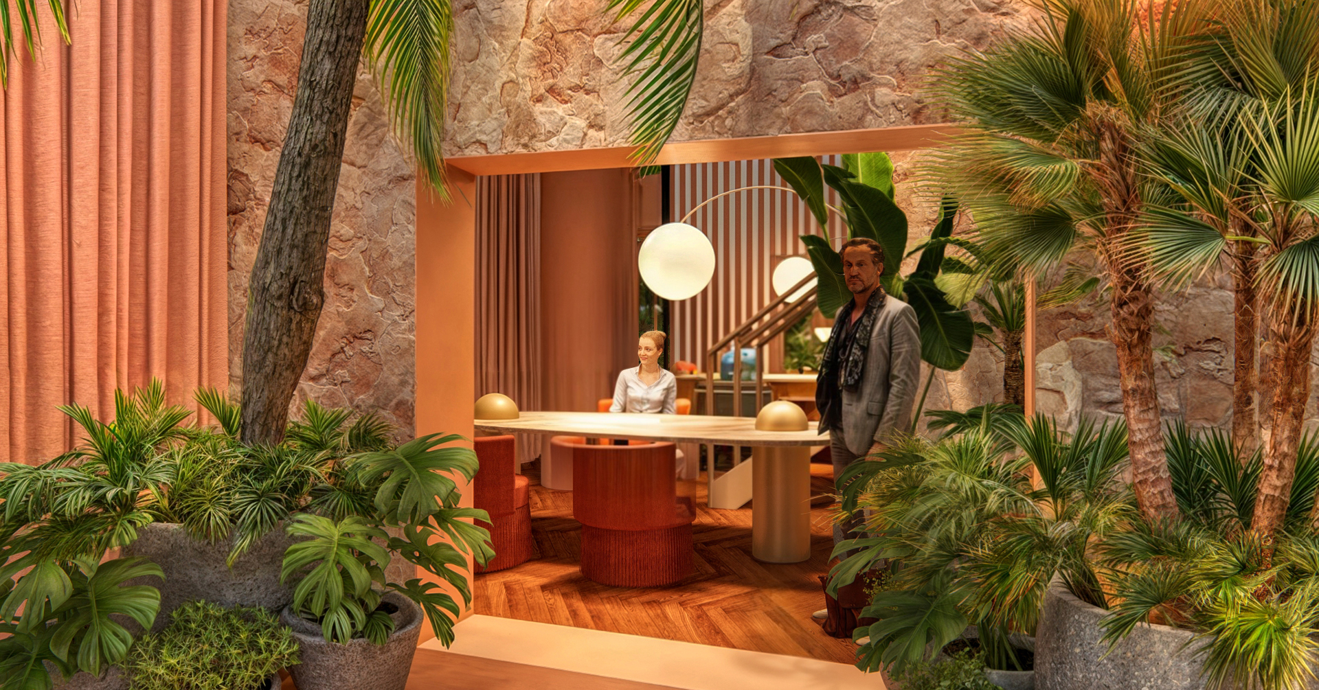 Lobby concierge com design moderno, iluminação elegante e serviço completo no H Bela Cintra by Vitacon