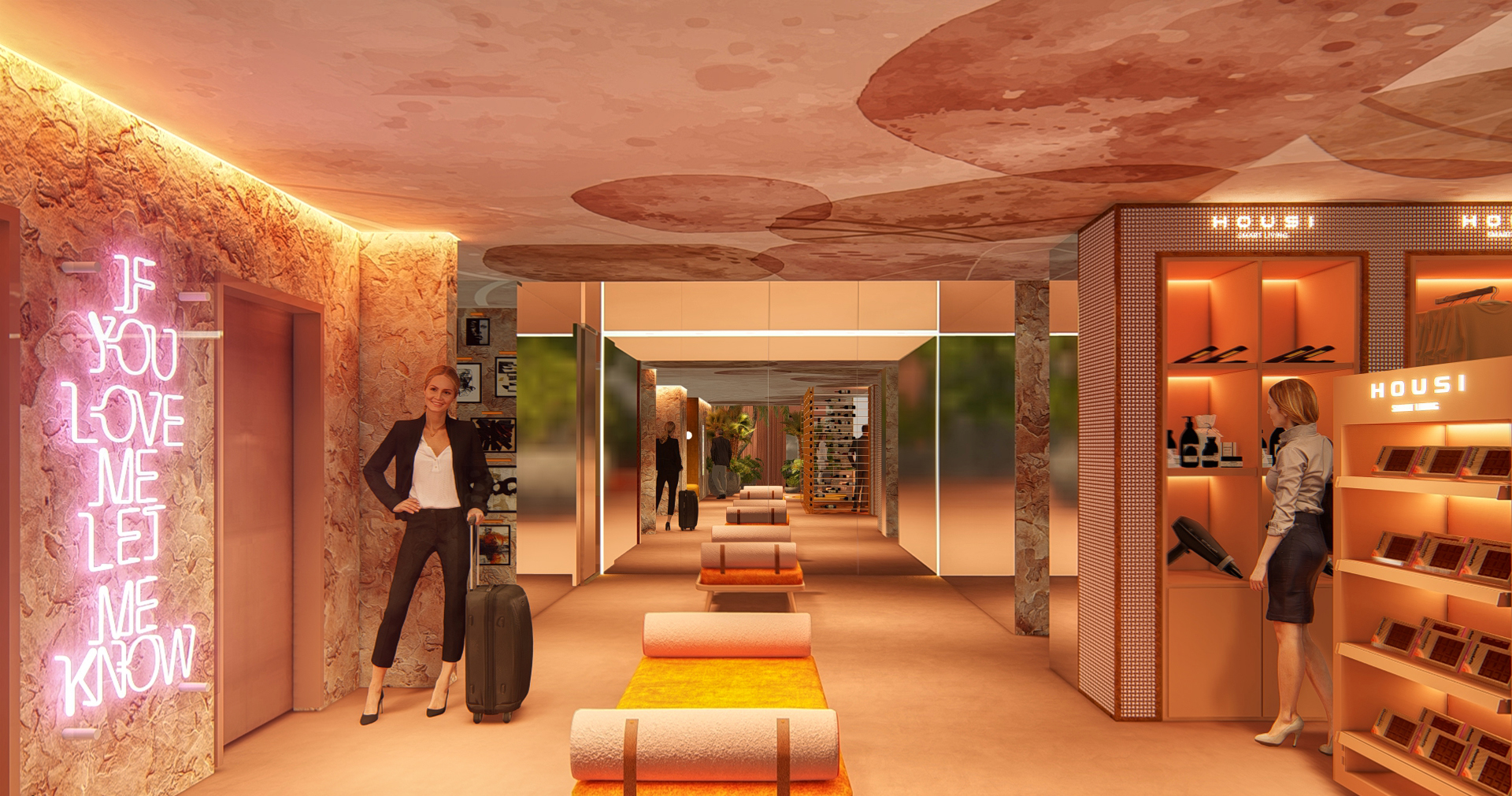 Lobby concierge com design moderno, iluminação elegante e serviço completo no H Bela Cintra by Vitacon