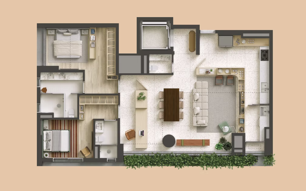 Planta do apartamento de 130 metros quadrados com 2 suítes no TESS Brooklin, lançamento de alto padrão da Nortis
