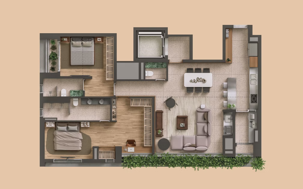 Planta moderna com 130 m², 2 suítes e cozinha aberta no empreendimento TESS Brooklin