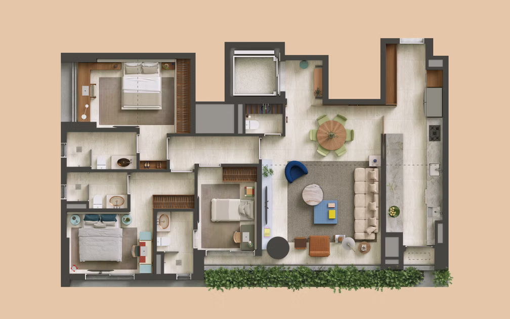 Planta do TESS Brooklin com 130 m², 3 suítes e cozinha fechada integrada