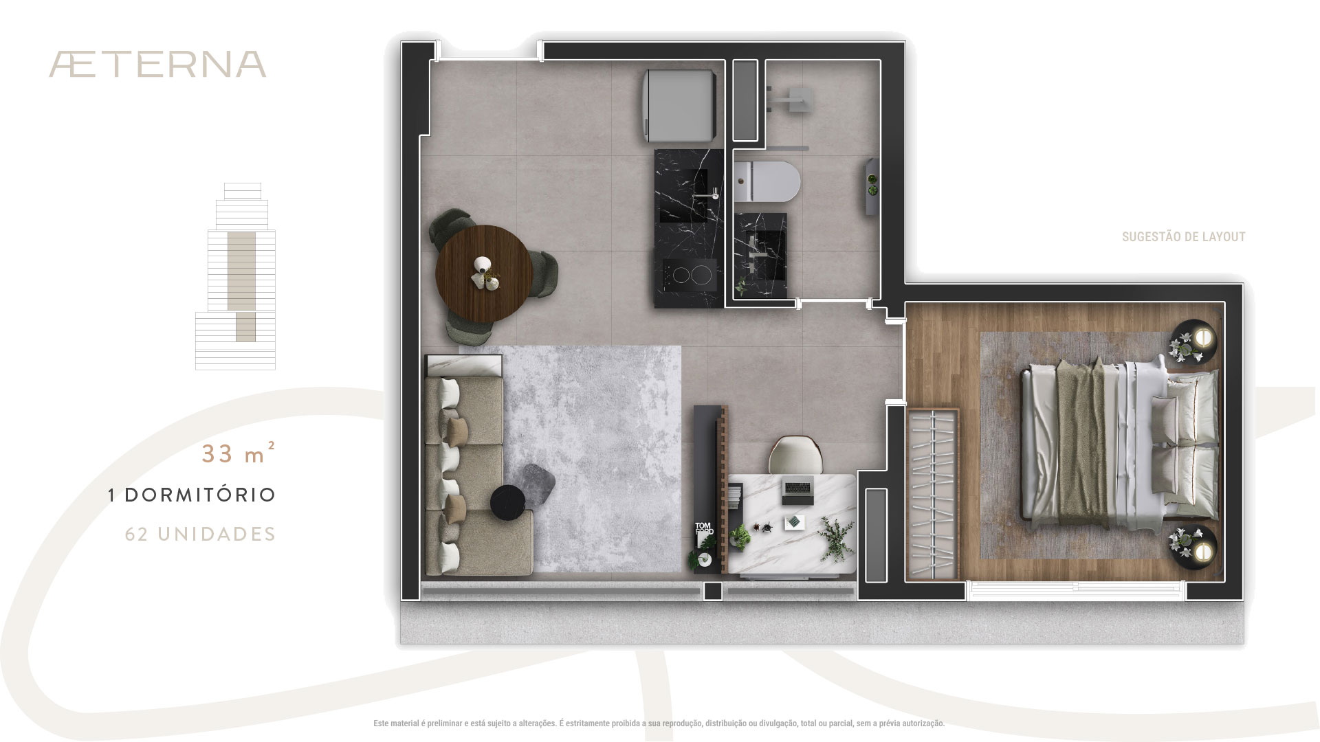 AETERNA Paulista - Planta Planta de 33m² com 1 Dormitório