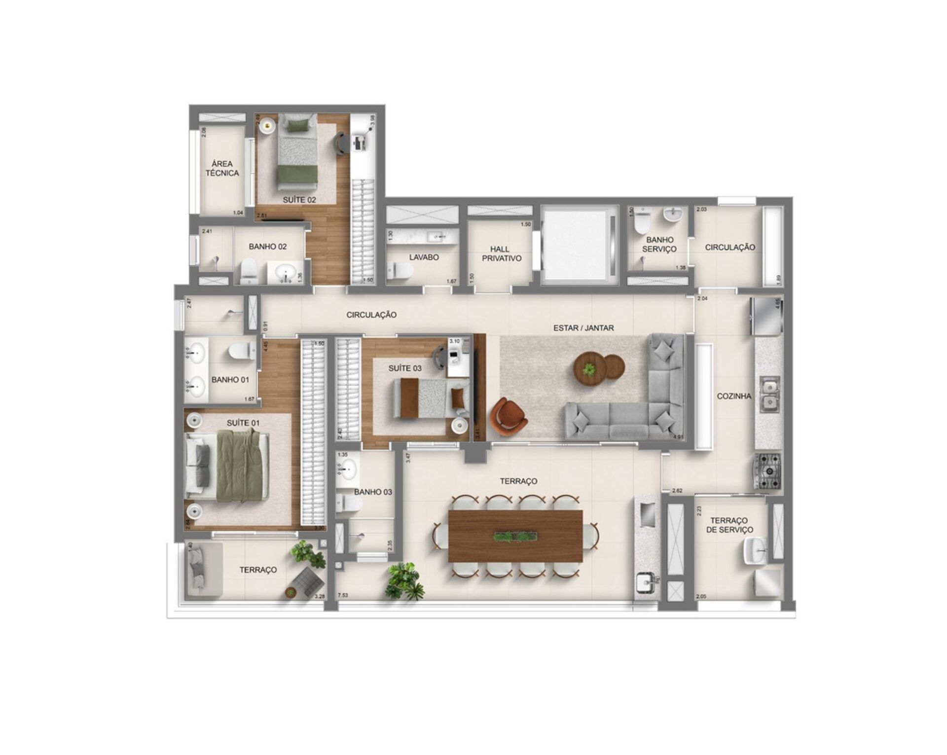 Planta do Apartamento 146 m² com 3 Suítes Padrão do Monã Mooca