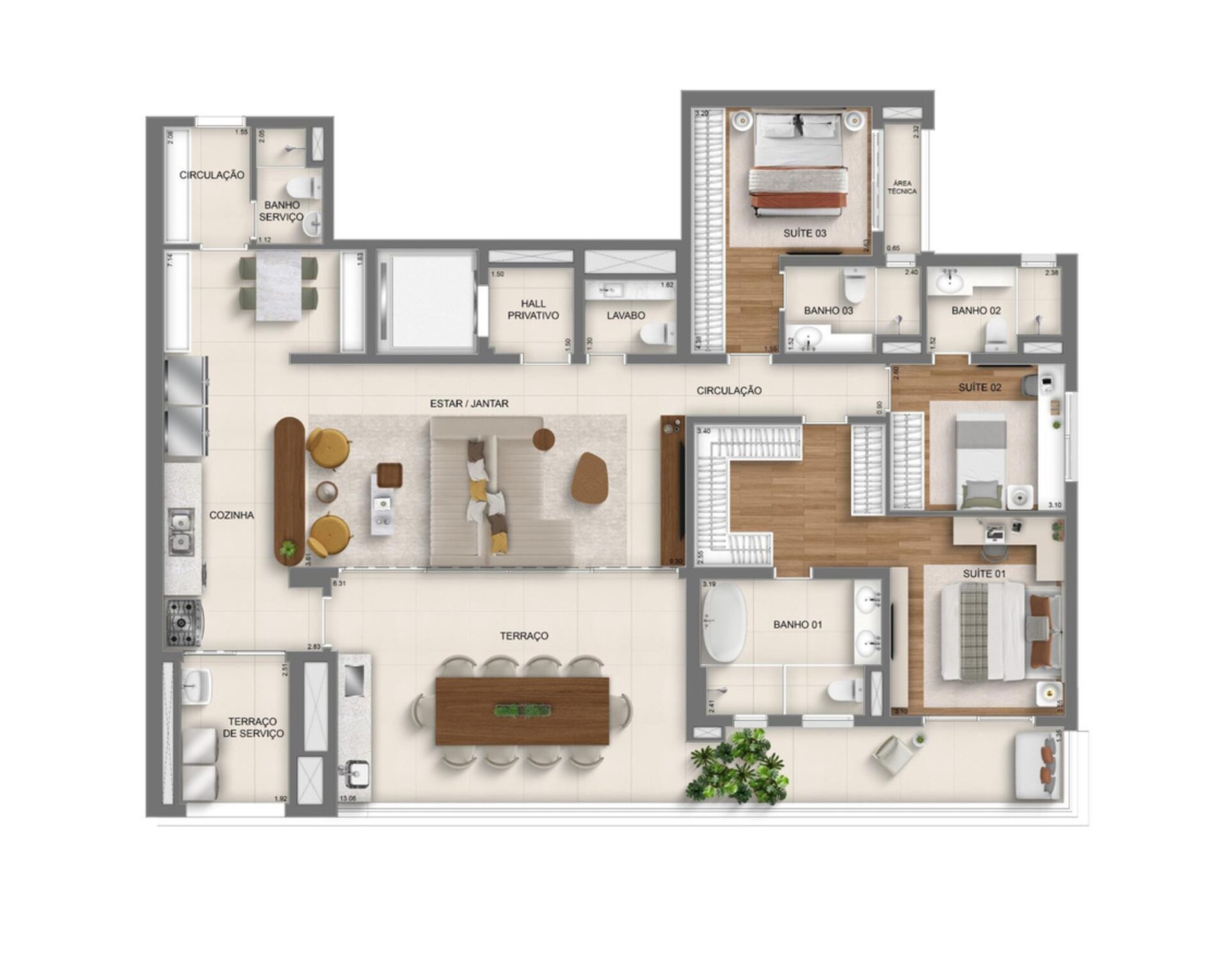 Planta do Apartamento 179 m² com 4 Suítes Ampliada do Monã Mooca