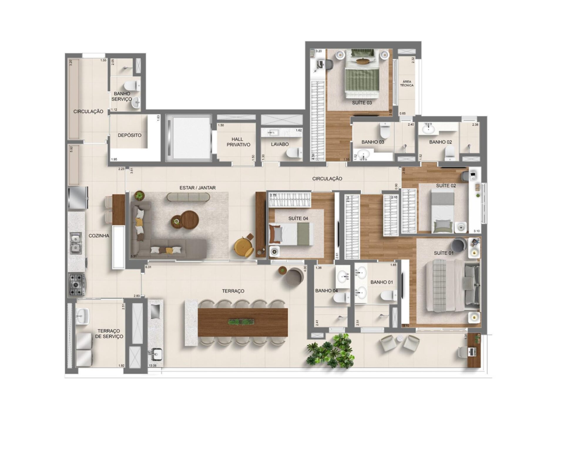 Planta do Apartamento 179 m² com 4 Suítes Padrão do Monã Mooca