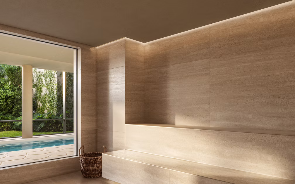 Sauna úmida relaxante integrada à área de bem-estar no TESS Brooklin