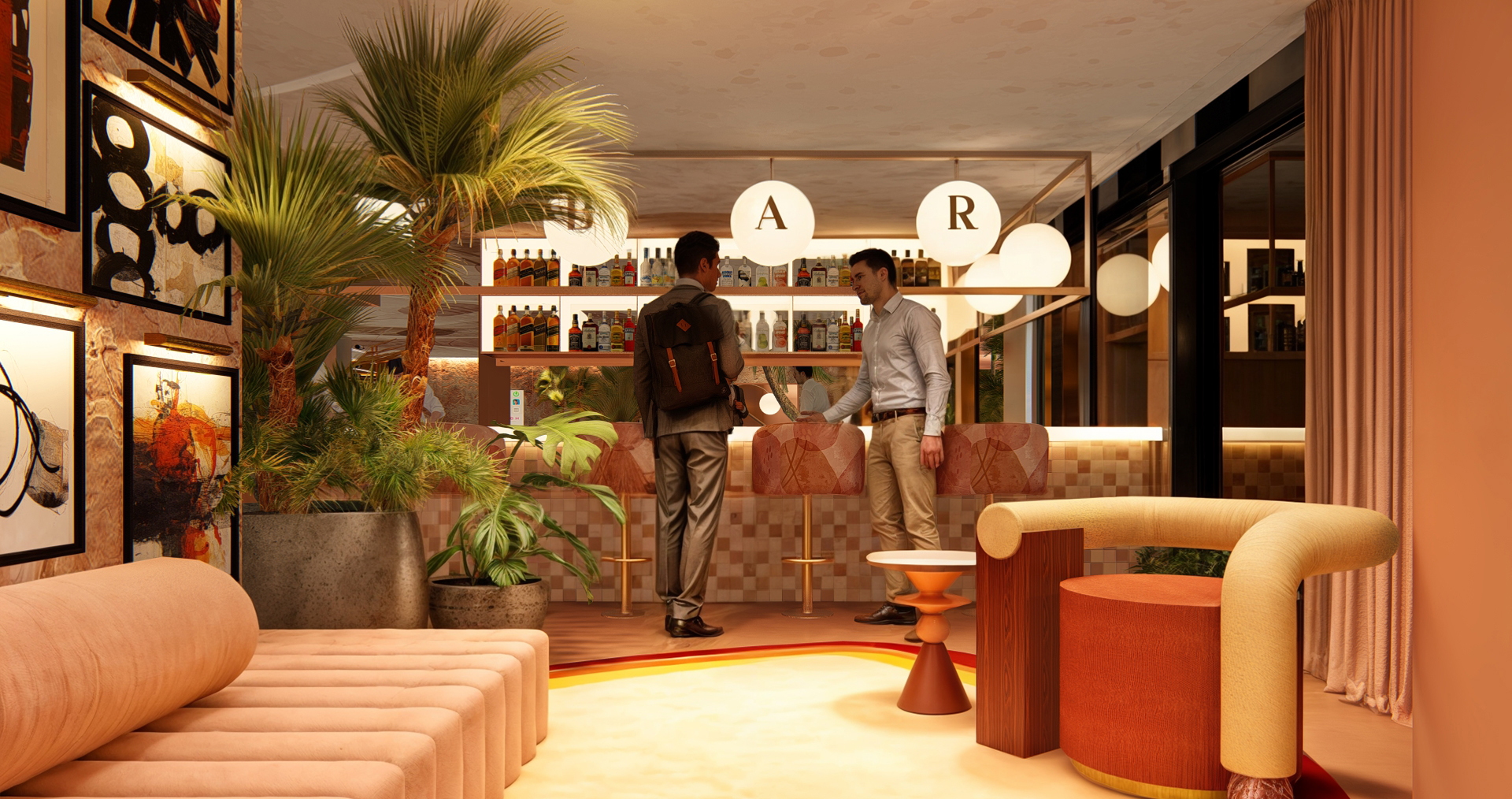 Bar com ambientação refinada e carta de drinks no empreendimento H Bela Cintra