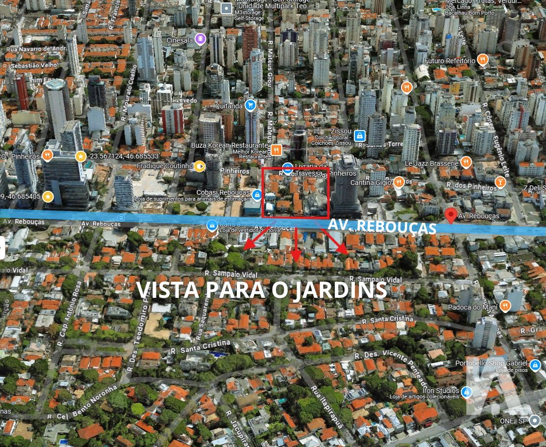 Mapa aéreo com destaque para o terreno do futuro lançamento da One Innovation na Av. Rebouças, com vista livre para o Jardim Europa.