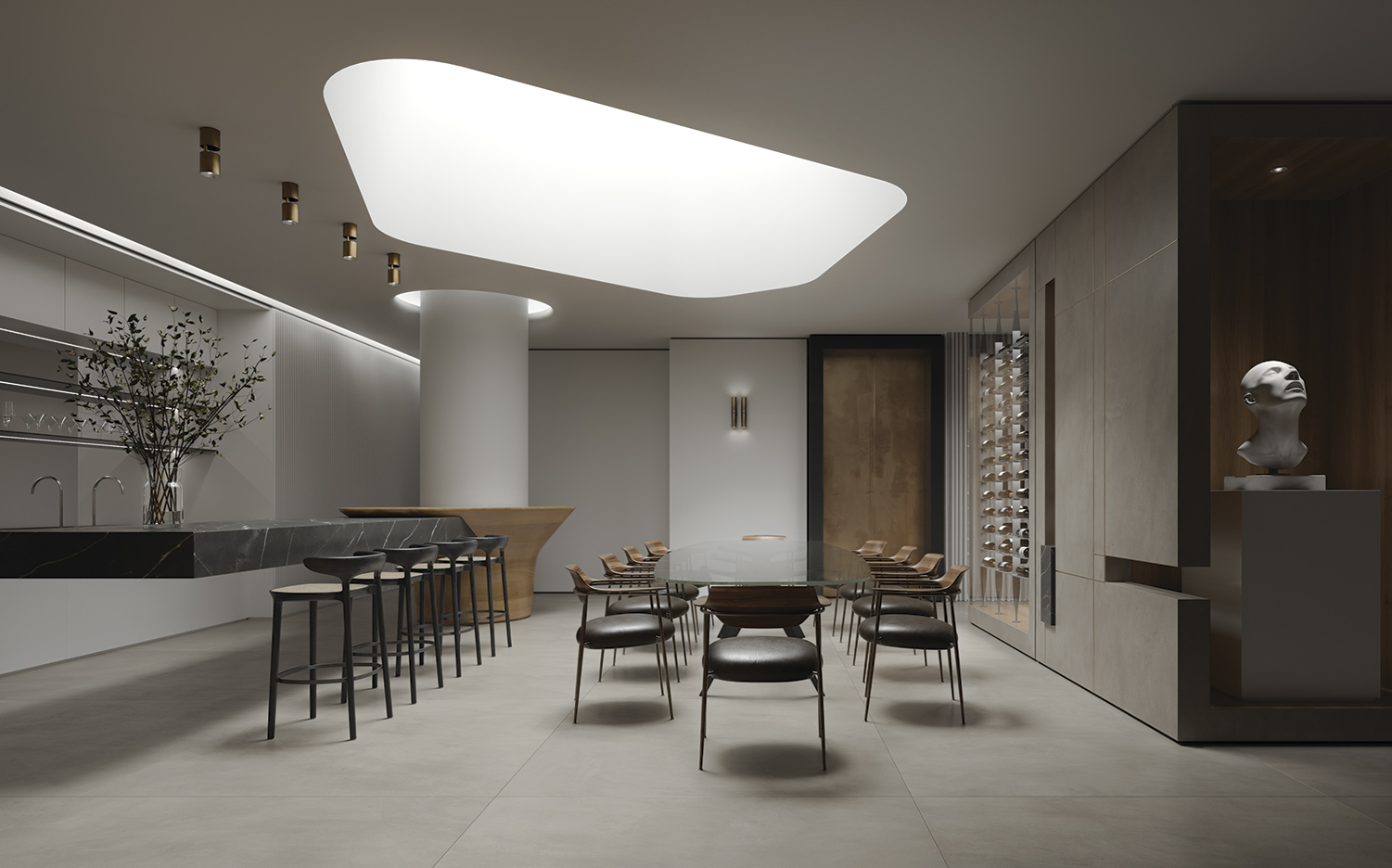 Espaço gourmet com mesa de jantar, bar e wine library no Enora Residence