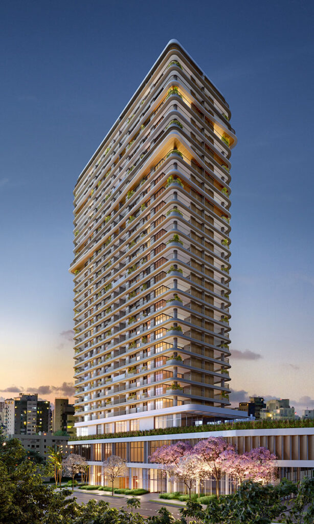 Península Vila Madalena — Fachada Curva Com Terraços Vegetados — Curadoria Iapartamentos — Vila Madalena