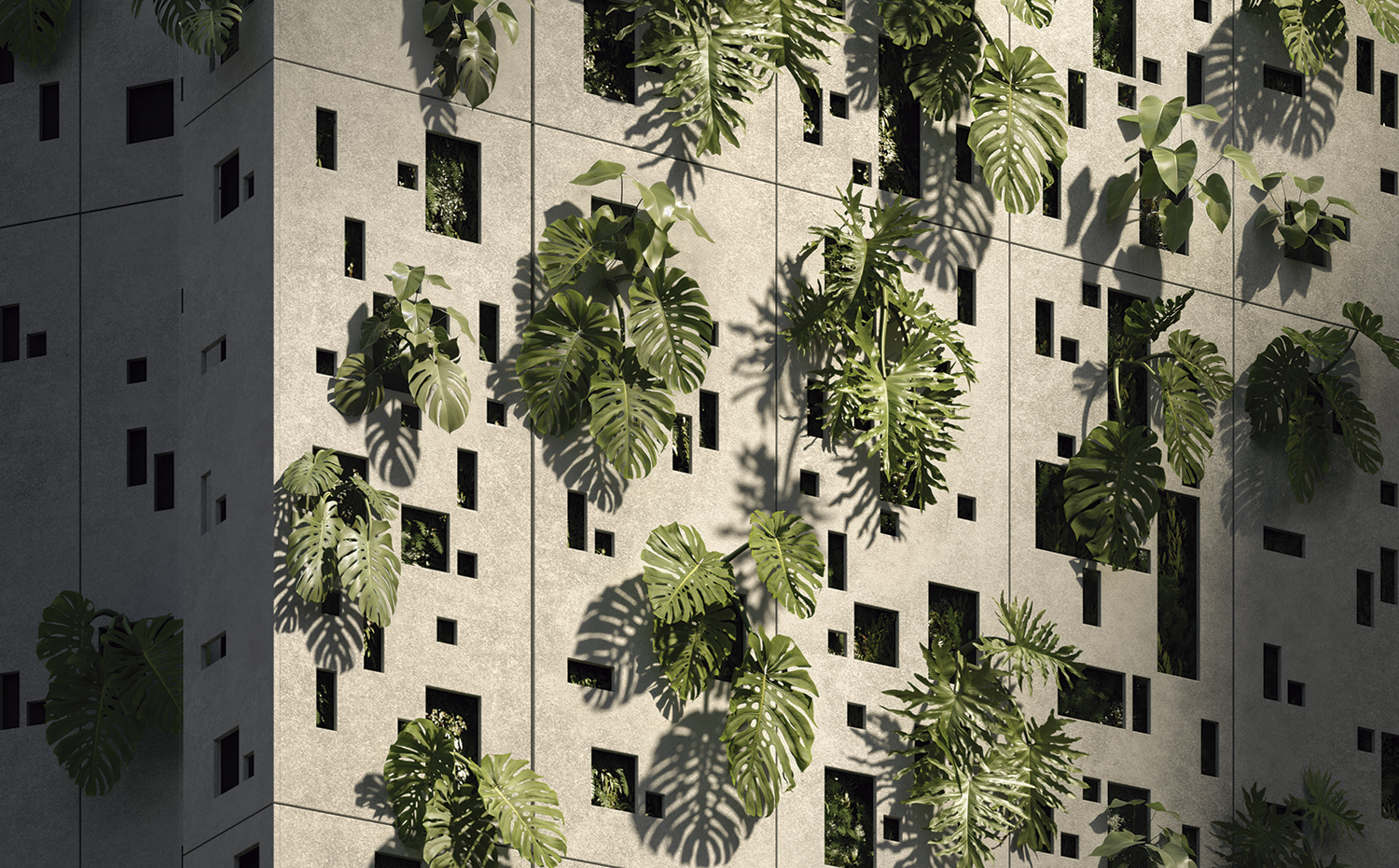 Detalhe da fachada do Enora Residence com vegetação integrada à arquitetura