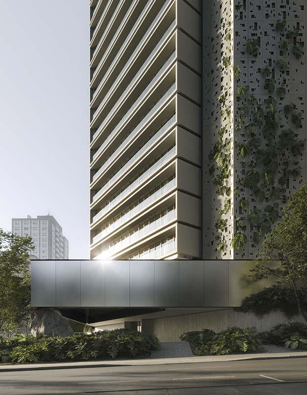 Fachada moderna do Enora Residence com design elevado e vegetação exuberante