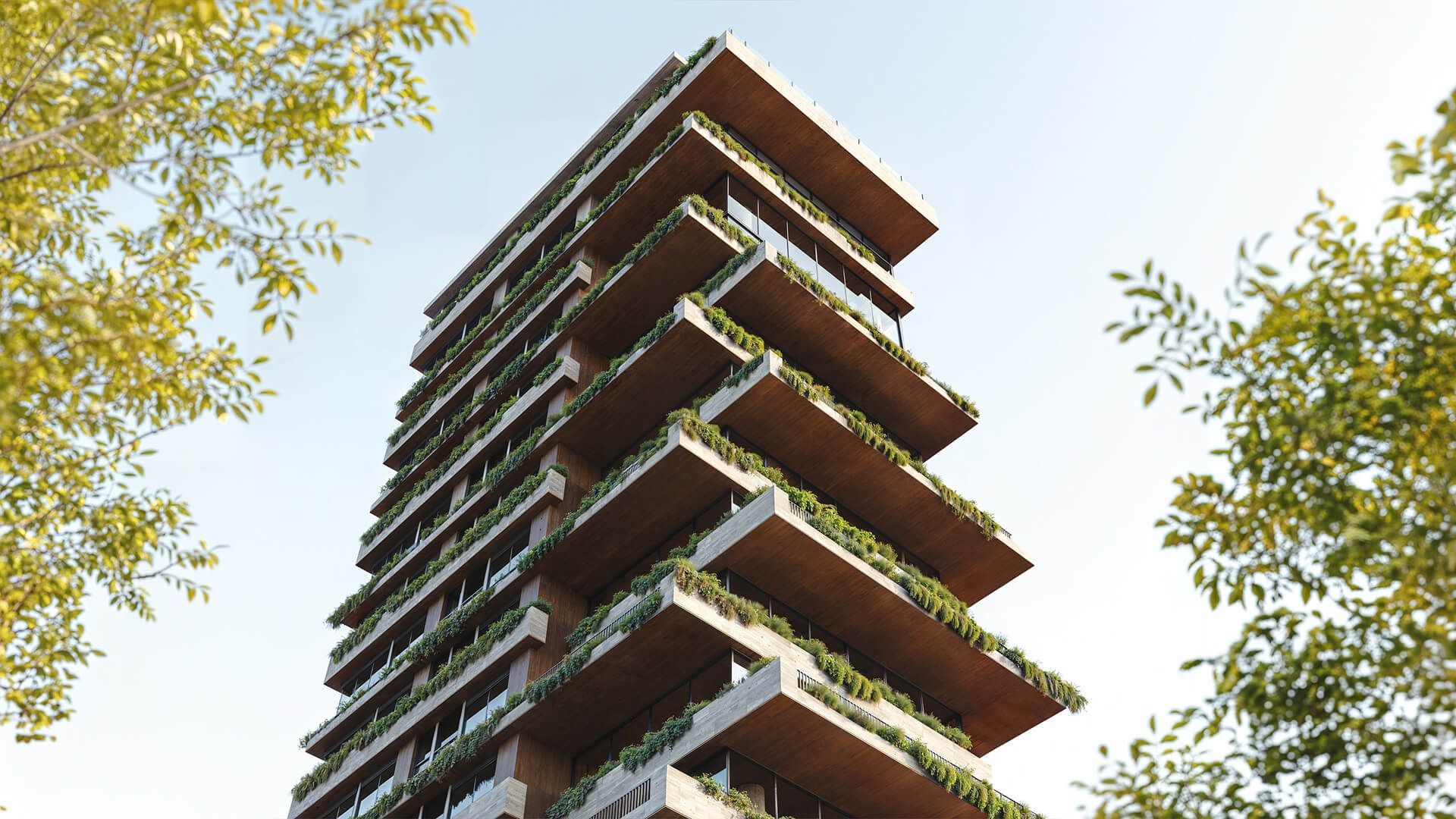 LUX 590 — detalhe arquitetônico da torre com lajes em balanço e vegetação em cascata — curadoria iApartamentos — Itaim Bibi