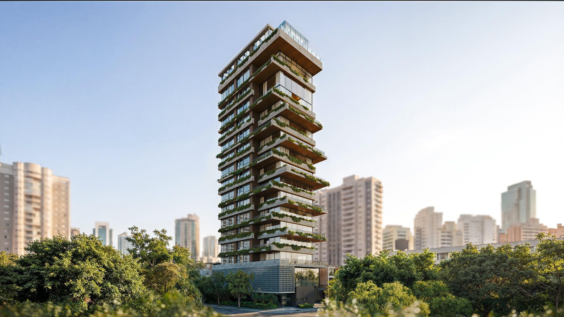 LUX 590 — fachada lateral com varandas escalonadas e vegetação integrada — curadoria iApartamentos — Itaim Bibi