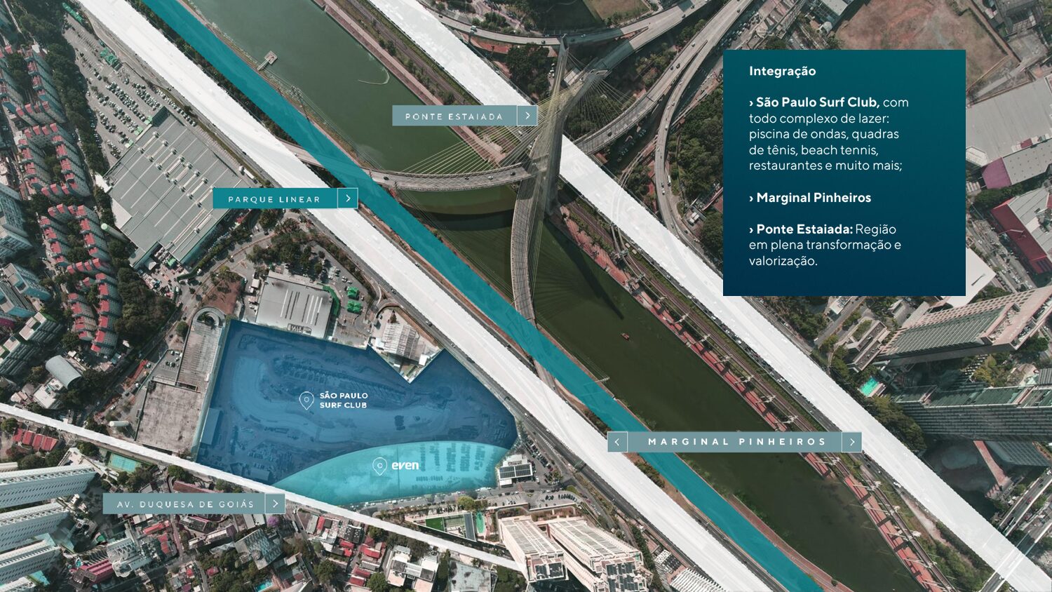 Mapa aéreo detalhando a localização do São Paulo Bay Even na Avenida Duquesa de Goiás, mostrando sua proximidade e integração com o São Paulo Surf Club, Ponte Estaiada, Marginal Pinheiros e um parque linear em Cidade Jardim.