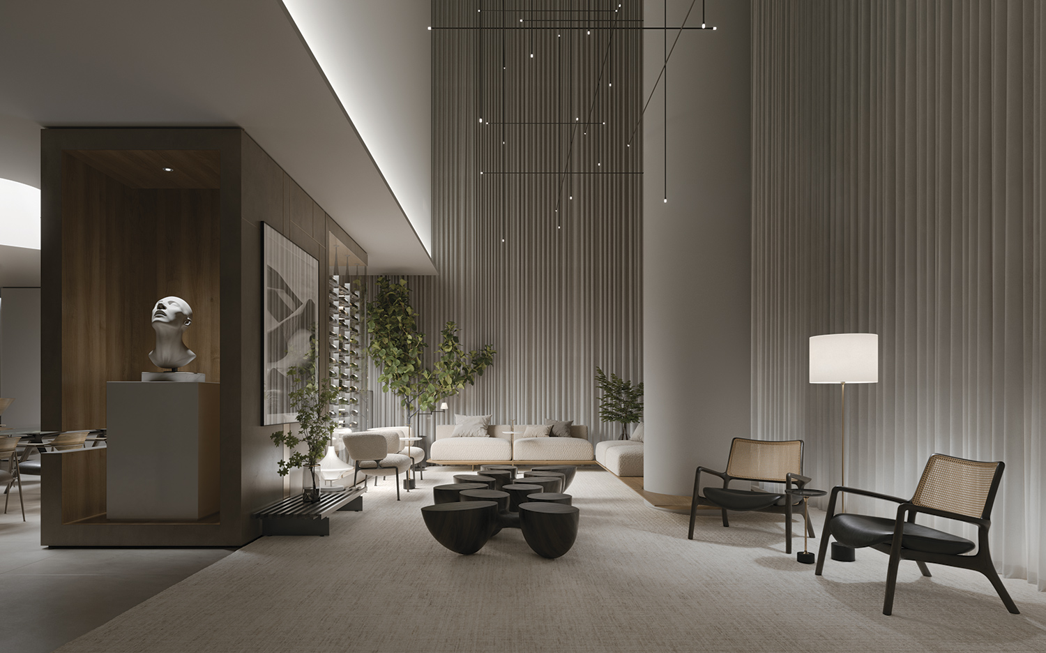 Espaço de convivência sofisticado com mobiliário assinado no Enora Residence